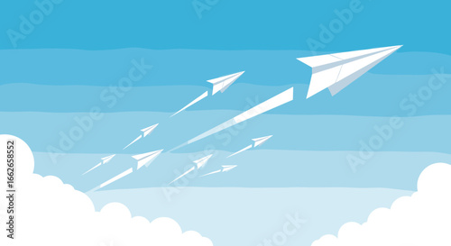 A formation of paper airplanes soaring through a bright blue sky amidst wispy white clouds