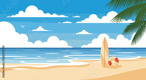 A beautiful serene tropical beach scene with a surfboard and a life preserver on a sunny day with white fluffy clouds in the blue sky above the ocean