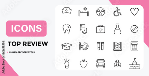 Collection of outline icons representing different fields such as medicine and education