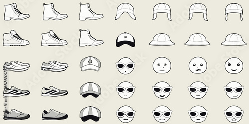 Assorted footwear, headwear, and facial expression icons