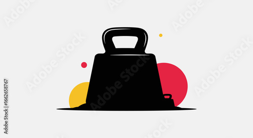 Illustration of a kettlebell silhouette with colorful abstract circles and dots on a white background