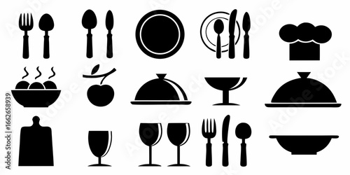 Black silhouette icons for food and dining kitchen