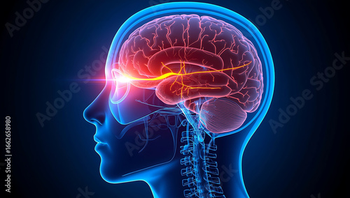 A vibrant digital illustration of a human head in profile, showing the brain in red and blue hues. The optic nerve is highlighted with a glowing effect.
