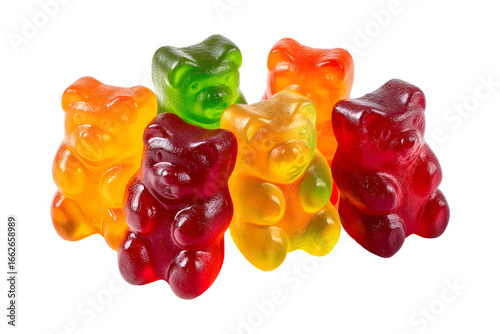 Colorful gummy bears clustered together on a stark transparent background in close up studio shot