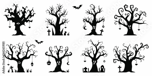 Collection of Spooky Halloween Tree Silhouettes with Decorations