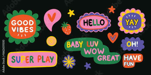 Colorful Hand Drawn Doodle Phrases and Shapes good vibes
