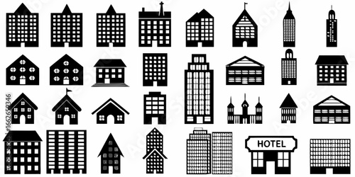 Diverse black building icons on a white background