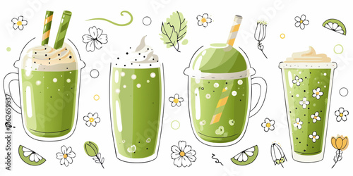 Four green healthy smoothies with flowers and leaves Keywords: smoothies, green, healthy, drinks