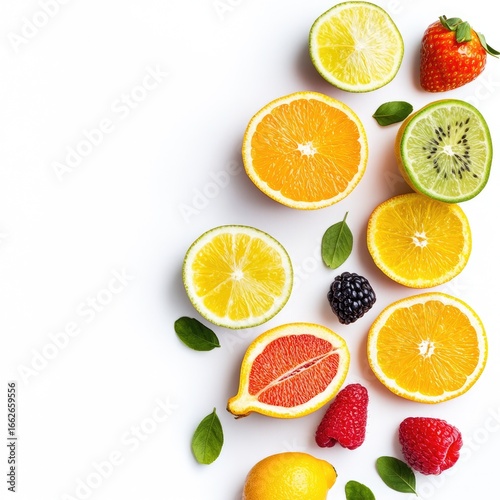Wallpaper Mural Colorful citrus and berry fruits, vibrant and fresh, arranged on white background Torontodigital.ca
