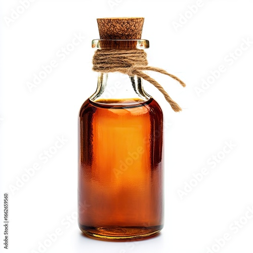 Amber-colored liquid in a small, glass bottle with a cork stopper and twine