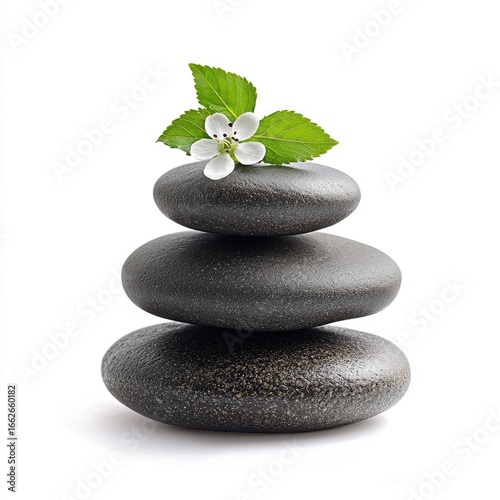 Three dark gray stones stacked in a balanced pyramid, topped with a small white flower and green leaves, against a white background