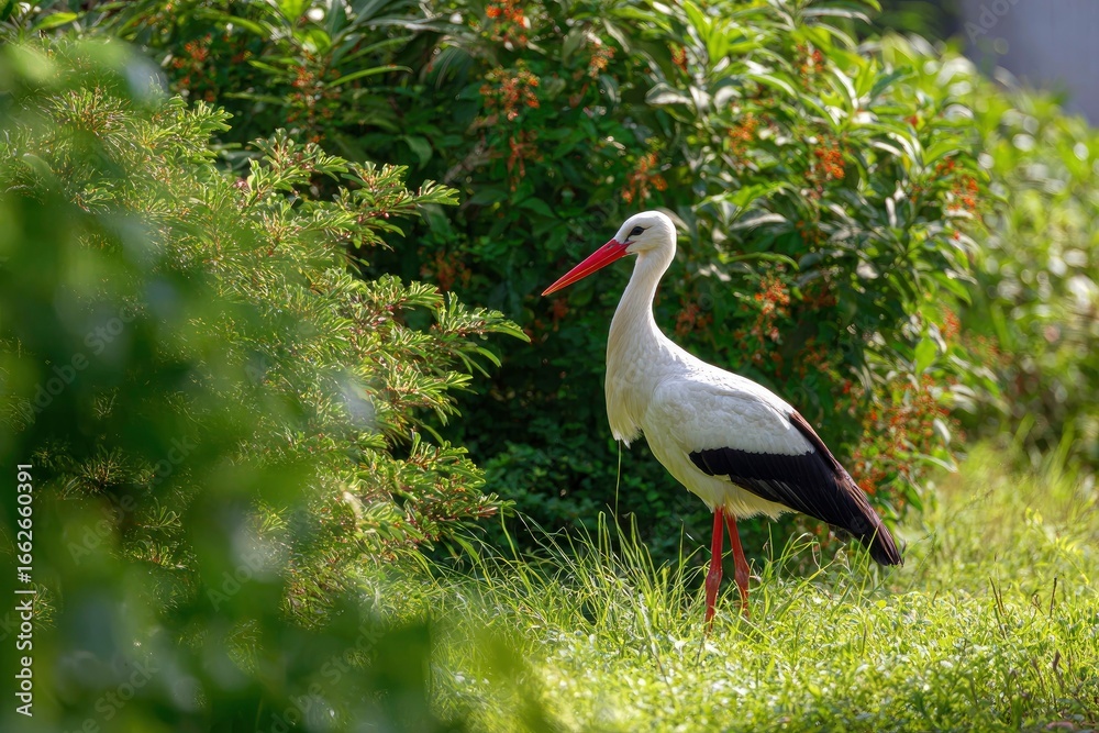 Naklejka premium Stork with red legs and beak stands in green grass and vegetation