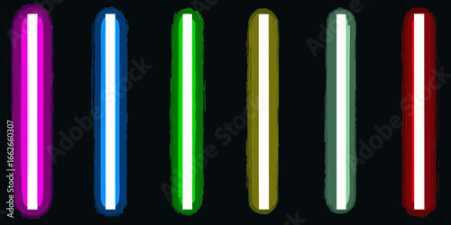 Six colorful glowing lightsaber blades on black energy