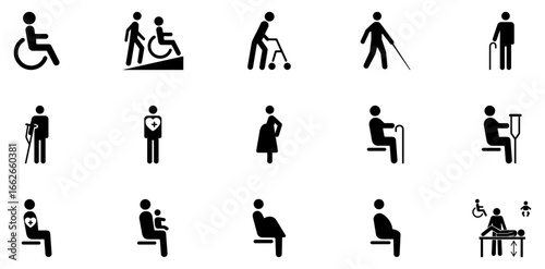 Accessibility icon set illustrating disability support, mobility aids, inclusive seating, and medical assistance. Useful for healthcare, public spaces, signage, infographics, and universal design.