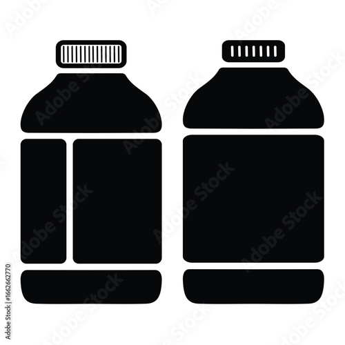 Black plastic bottle set on a white background. oubottle icons and a simple vector design. Water Bottle on Production Line. Black silhouettes of two plastic bottles with caps on a white background