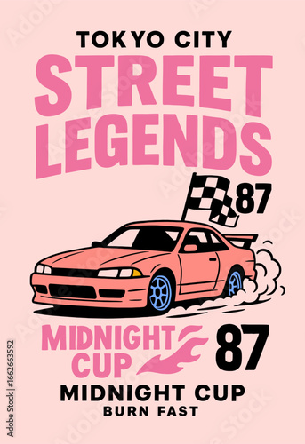 Sport car print design for t shirt print, poster, sticker, background and other uses. Fast wheels challenge. California street race design. Street Racing club. Rancing club Illustration