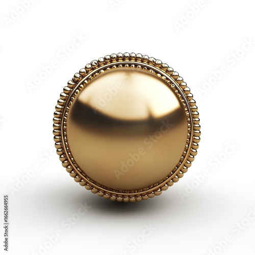A golden, round button with a beaded border.  It is polished and lustrous, appearing three-dimensional on a white background