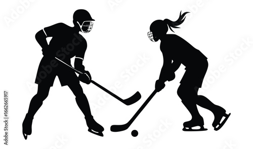 Dynamic hockey player silhouette in full gear displaying intense game action, hockey, player, silhouette, action, sport, ice, equipment, gear, athletic, competition, vector, design, illustration