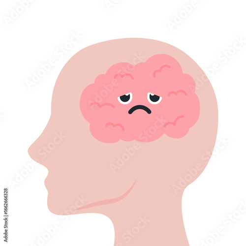 Human head with sad brain cartoon character. Healthcare, mental health, psychological problem, care, stress, anxiety, mindset concepts. Flat vector design isolated illustration.