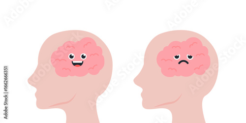 Human head with happy and sad brain cartoon character. Healthcare, mental health, psychological problem, care, stress, anxiety, mindset concepts. Flat vector design isolated illustration.