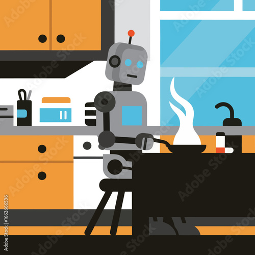 In a bright kitchen, a robot is engaged in cooking, stirring a pot on the stovetop. The kitchen features vibrant yellow cabinets, and various utensils are neatly organized.