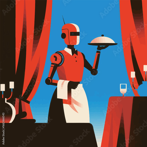 A futuristic robot waiter stands at a beautifully set table in a contemporary dining establishment. It holds a covered dish while surrounded by elegant decor and soft lighting during dinner time.