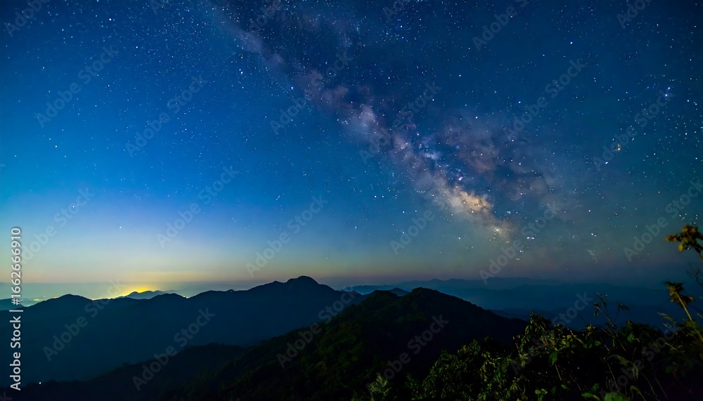 Fototapeta premium Panoramic night view of mountains under a vibrant Milky Way