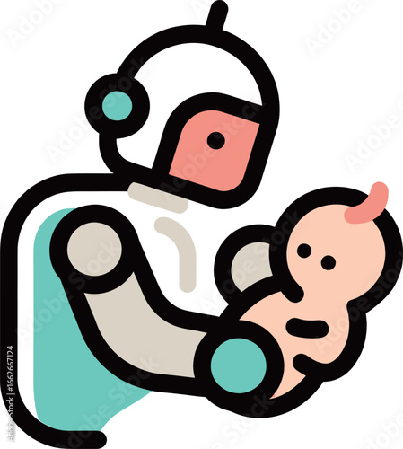 A robot gently supports an infant in its arms, showcasing the blend of advanced technology and caregiving. This interaction highlights the future of childcare, merging compassion with innovation.
