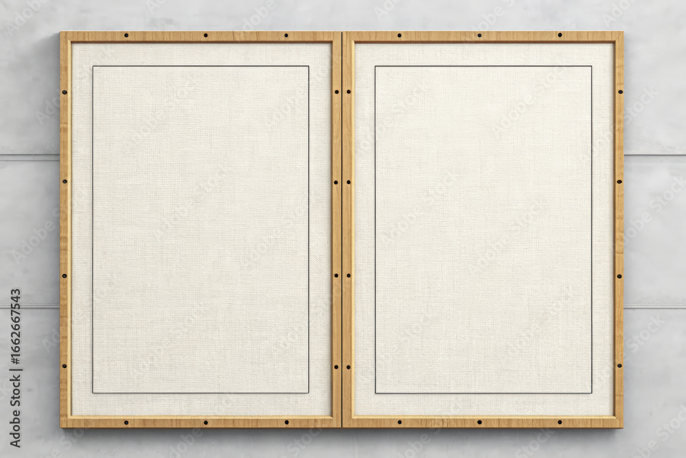 Fototapeta premium Two framed panels displaying textured ivory surfaces adorn a grey textured wall together