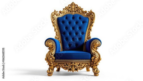 Isolated ornate throne with blue velvet upholstery and gold trim on a white background studio shot