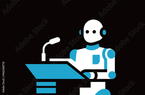 A robot is positioned at a lectern, delivering a presentation during a technology conference. The atmosphere is dynamic with a diverse audience paying attention to the innovations in artificial intell