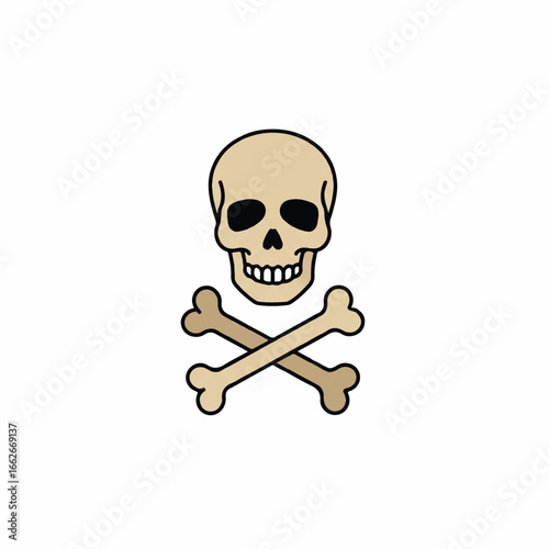 A bold, simplified human skull and crossed bones, rendered as a clean 2D flat vector illustration with minimalist solid colors, stands centered on a bright white background.