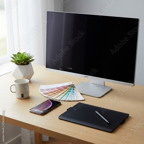 Clean Graphic Designer’s Desktop with Swatches and iPhone