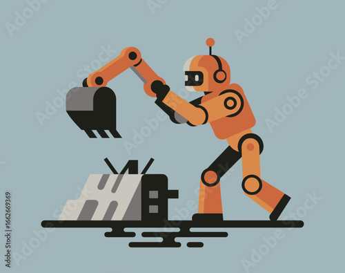 A robotic arm equipped with a digging tool is actively demolishing a small concrete structure. The design is minimalistic, featuring bright colors against a calm blue backdrop.
