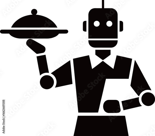 A robot waiter stands in a contemporary restaurant, holding a covered dish on a tray. The ambiance is lively as diners enjoy their meals. This innovative technology creates an engaging dining experien