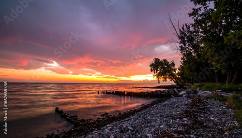 Sunset over a tranquil lake shore