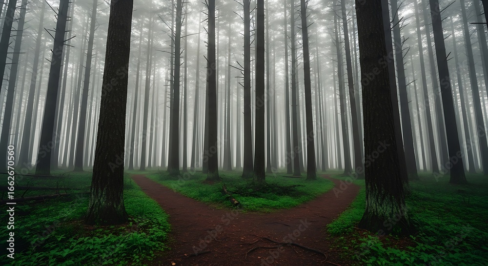 Obraz premium A Mystical Forest Path Disappearing Into Dense Fog Creating an Ethereal Landscape