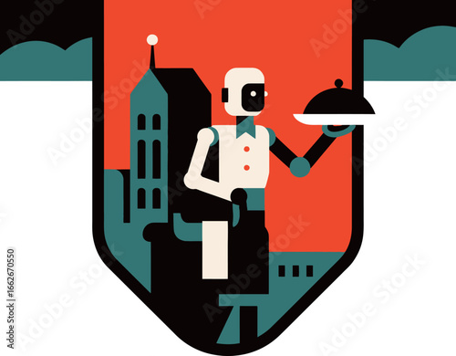A robot waiter stands elegantly while serving a dish under a bright sky. The urban restaurant's contemporary design and skyline create a lively atmosphere. The scene captures a blend of technology and