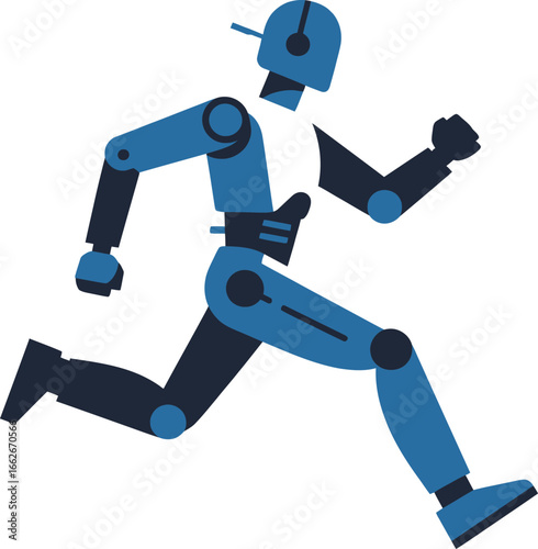 A stylized robot in a running position is depicted, showcasing a vibrant blue and black color scheme. The robotic figure features a sleek design with articulated limbs, emphasizing speed and agility, 