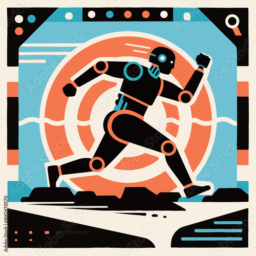 A robot figure is seen sprinting with determination across a stylized digital environment. The bold colors and lines create a sense of speed and energy, emphasizing a futuristic blend of technology an