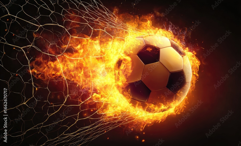 Fototapeta premium Flaming Soccer Ball Through Net