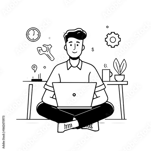 Man sitting cross legged with laptop in front of desk with clock plant and gear icons floating around him