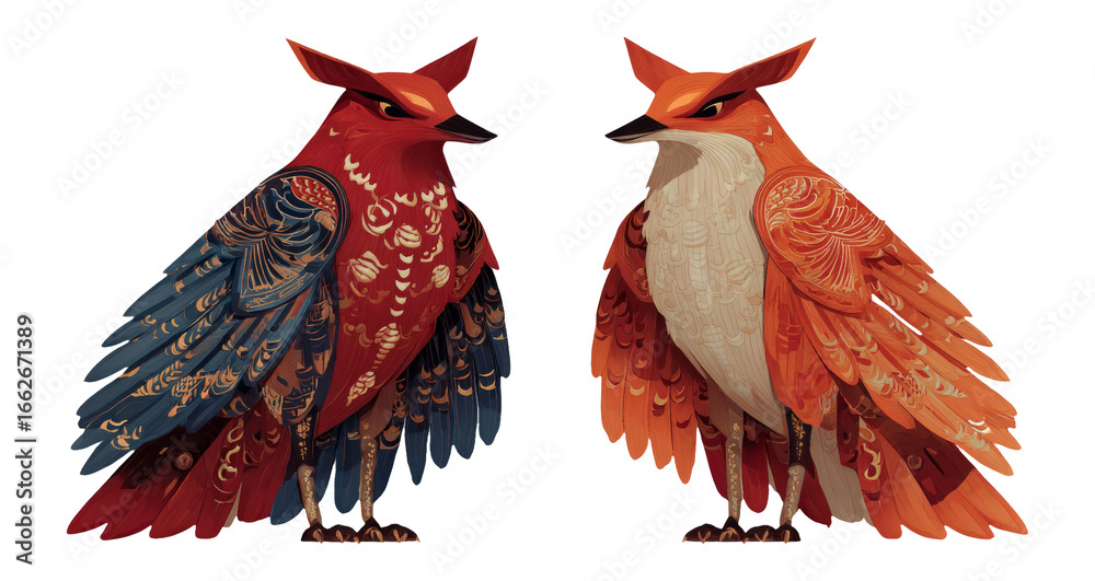 Obraz premium Colorful Fantasy Birds with Intricate Patterns on Transparent Background