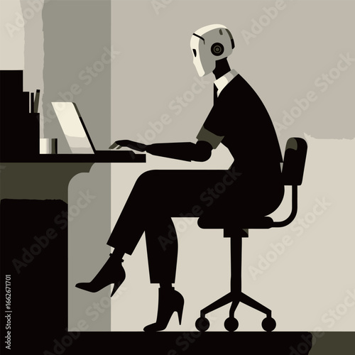 A humanoid robot with an elegant design sits at a desk, typing on a laptop. The setting is minimalistic with soft colors, highlighting the fusion of technology and modern workspace aesthetics. The rob