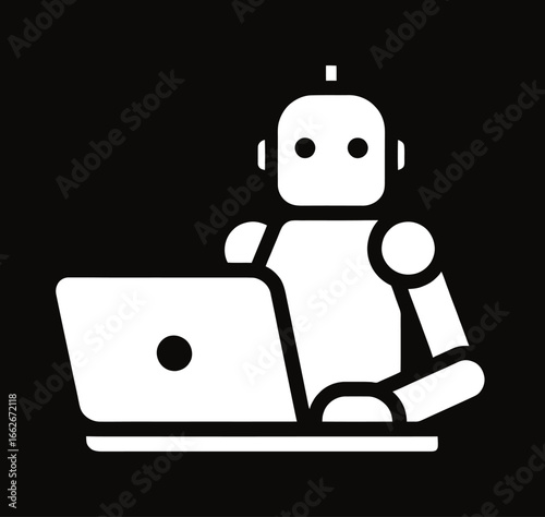 A robot figure sits in front of a laptop in a sleek workspace, highlighting advancements in technology. The setting is bright and contemporary, emphasizing the integration of robotics and artificial i