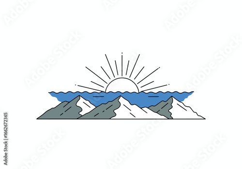 Minimalist landscape illustration of mountains and sea with a rising sun.