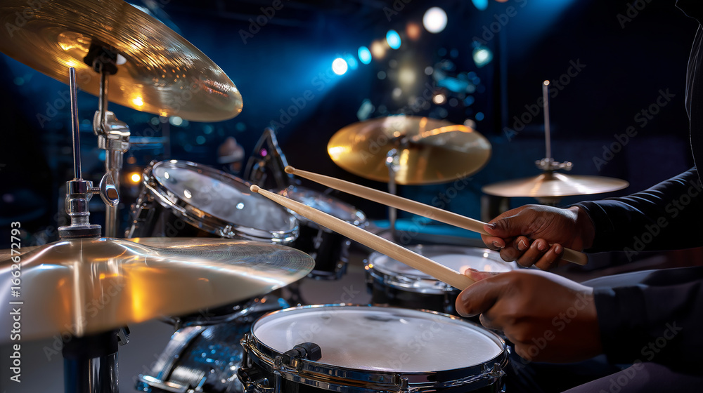 Obraz premium Dynamic Drummer Captured in Motion with Glowing Cymbals