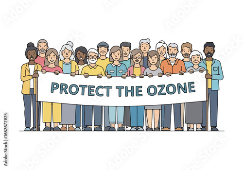 Diverse group of people holding a banner that says "Protect the Ozone".