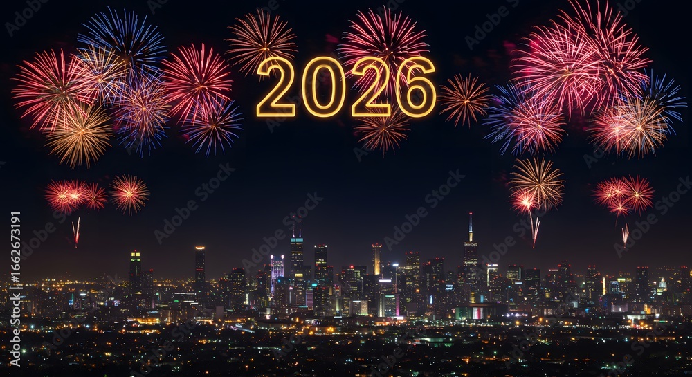 Fireworks explode over a brightly lit cityscape at night, with the year 2026 displayed in golden numbers. Fireworks explode over a brightly lit cityscape at night, with the year 2026 displayed in golden numbers.