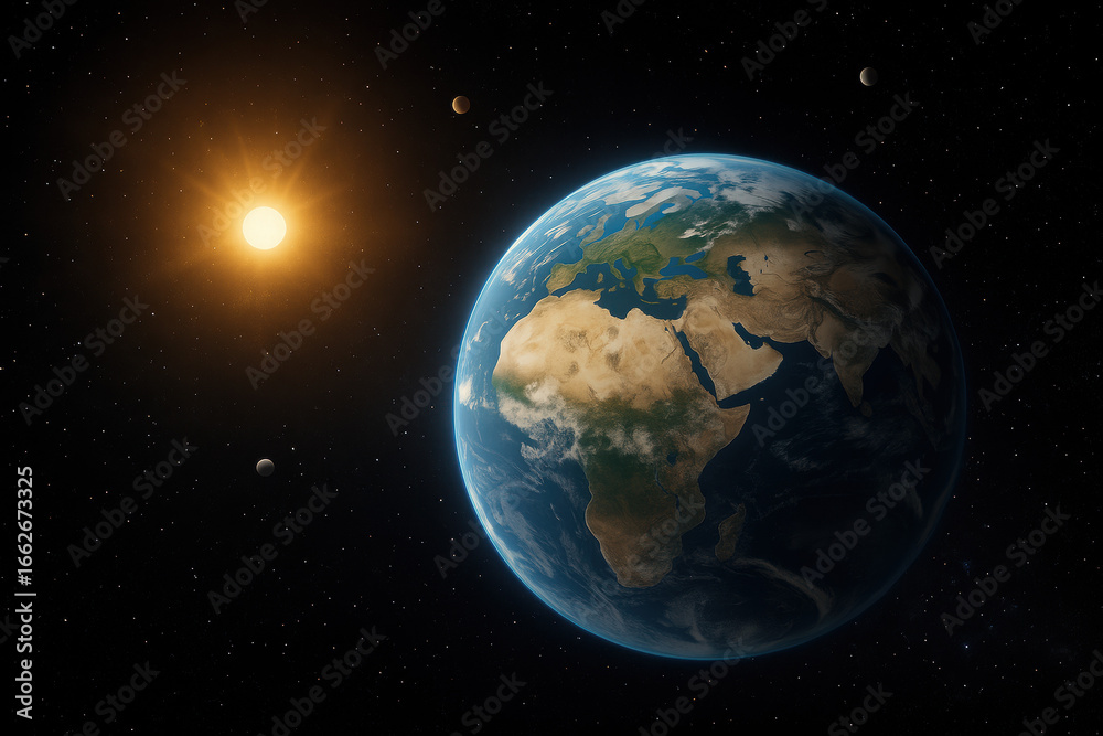 Obraz premium Planet earth illuminated by sunlight with visible continents and surrounding moons in detailed outer space scene